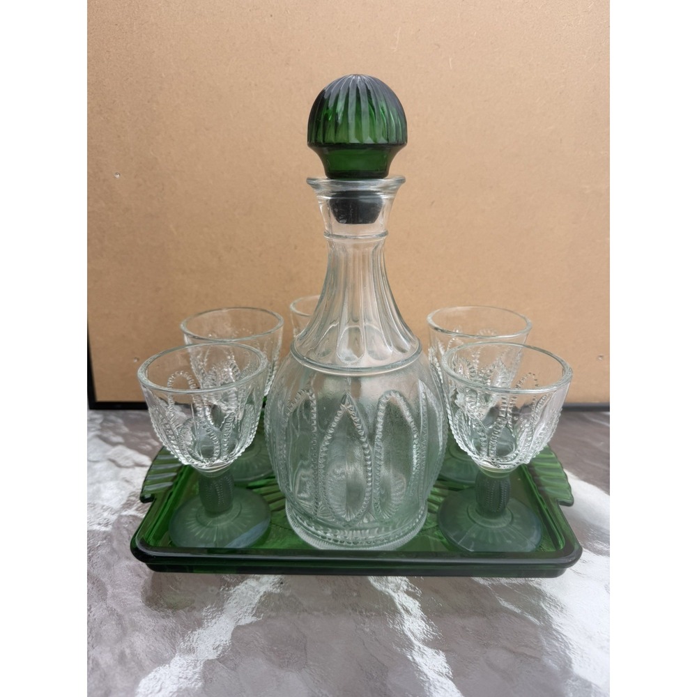 Vintage Avon Green Pressed Glass Decanter Set w/ 5 Cordials & Tray 1980s Barware